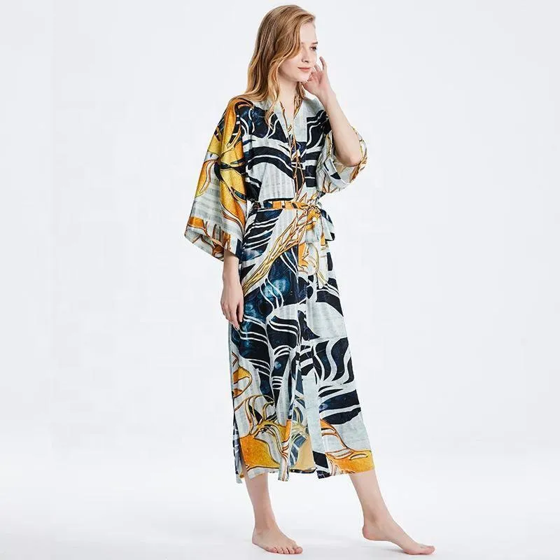 100% Mulberry Silk Kimono Robe Grey Elegant Long Silk Robe