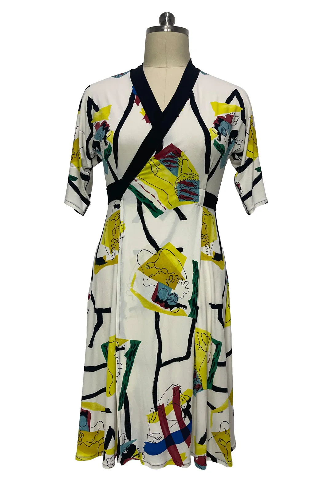 BANDED NECK WRAP FLAIR BOTTOM ELBOW SLEEVE CALF LENGTH DRESS