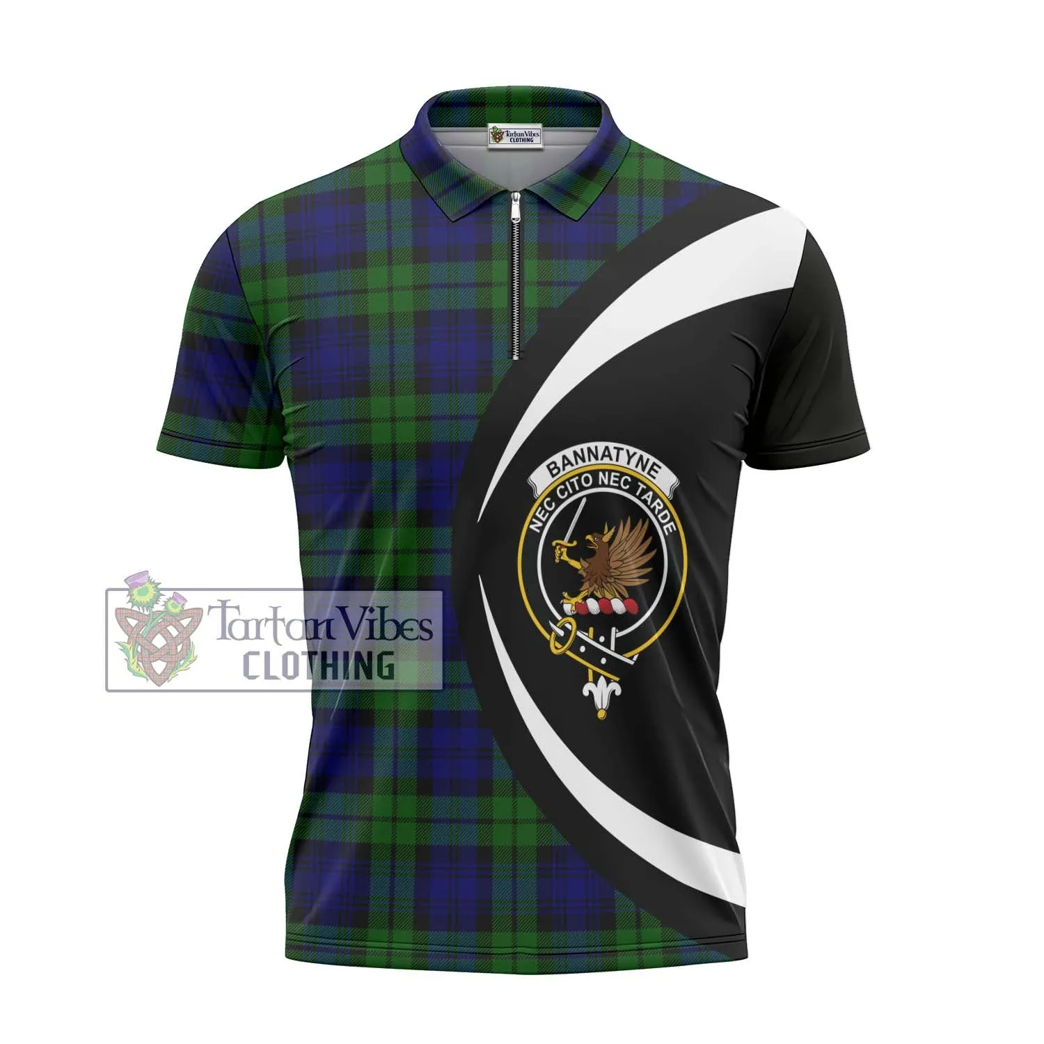 Bannatyne Tartan Zipper Polo Shirt with Family Crest Circle Style