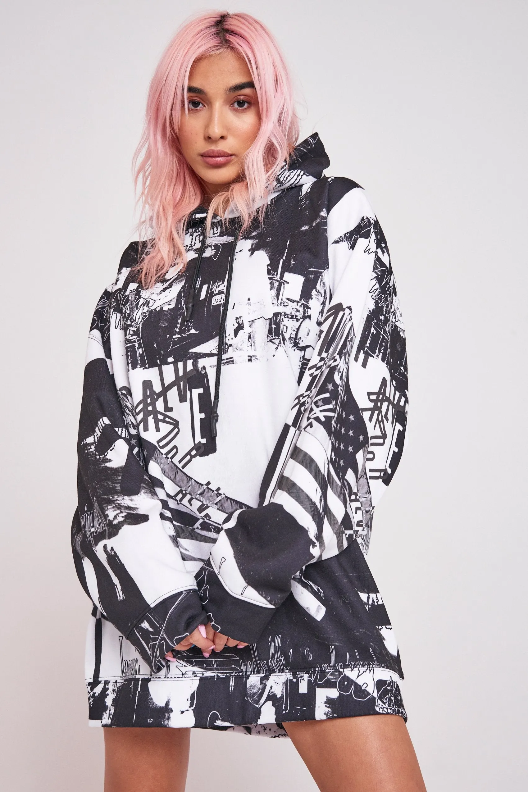 Black & White Photograph Punk Print Hoodie Dress