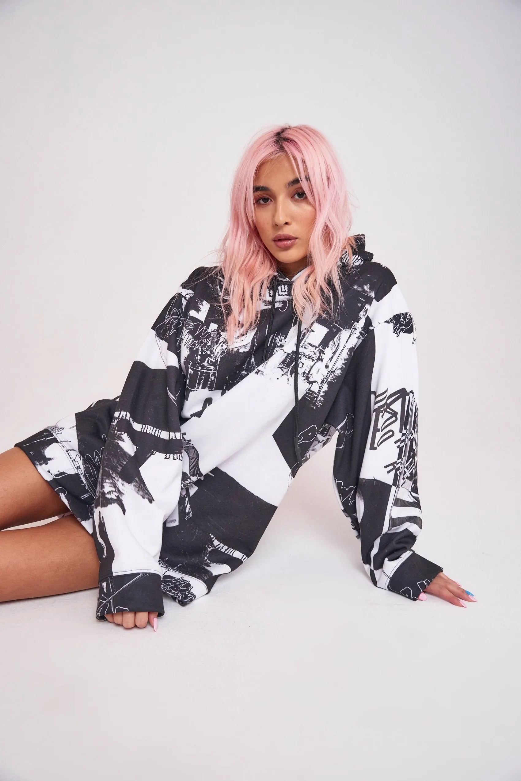 Black & White Photograph Punk Print Hoodie Dress