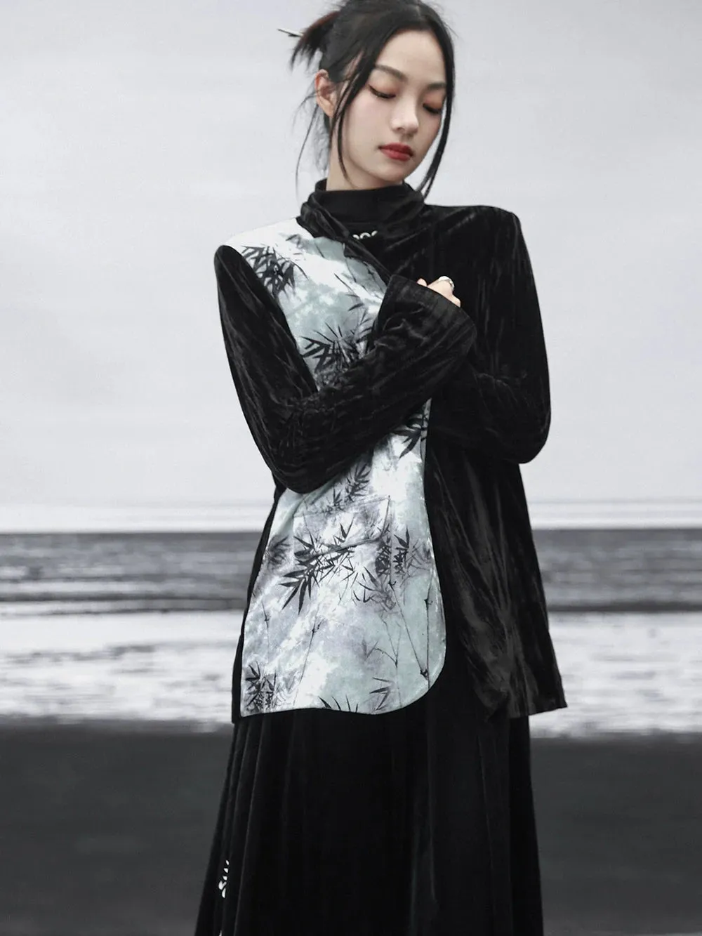 China Print Jacket Contrast Bamboo Velvet Color Splicing