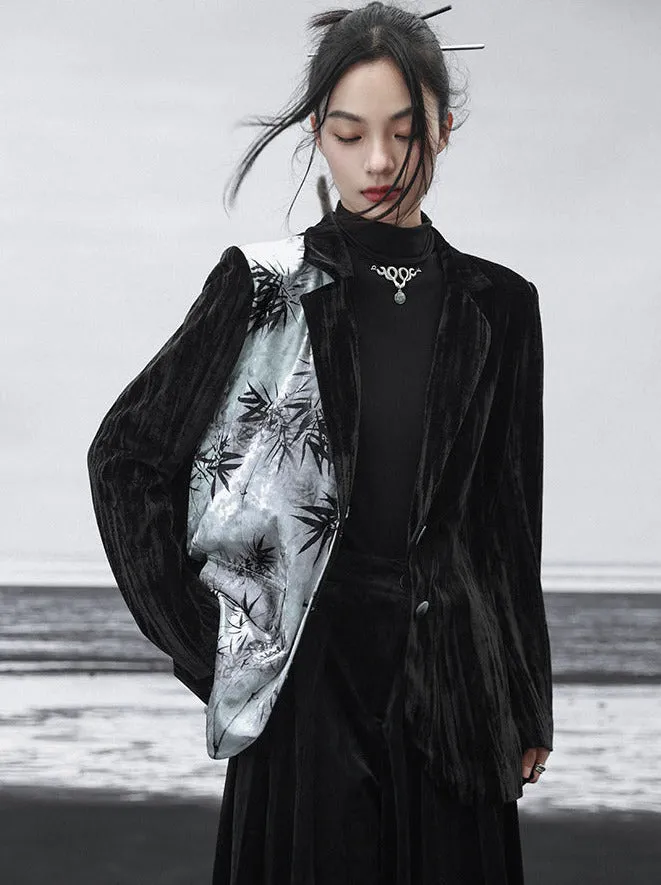 China Print Jacket Contrast Bamboo Velvet Color Splicing