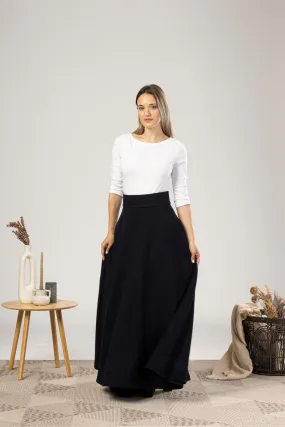Dark Blue High Waisted Wool Maxi Skirt