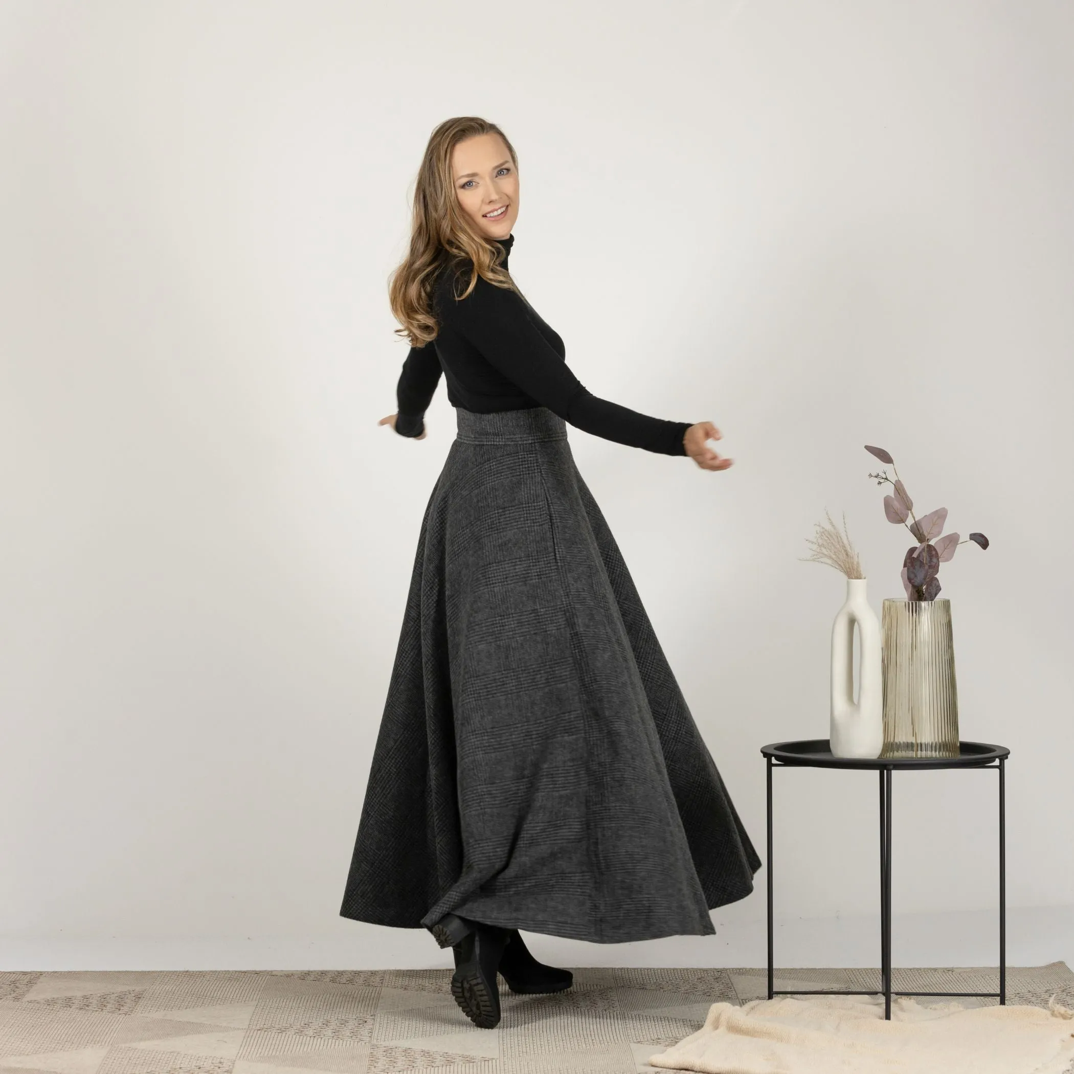 Dark Gray High Waisted Wool Maxi Skirt
