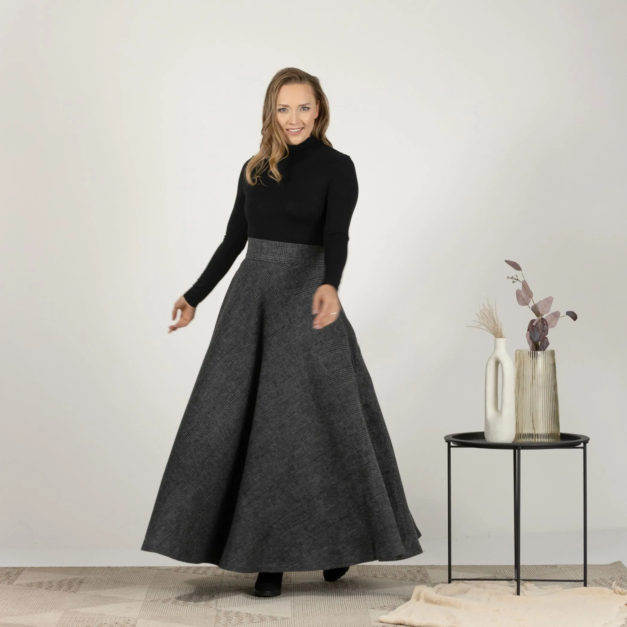 Dark Gray High Waisted Wool Maxi Skirt