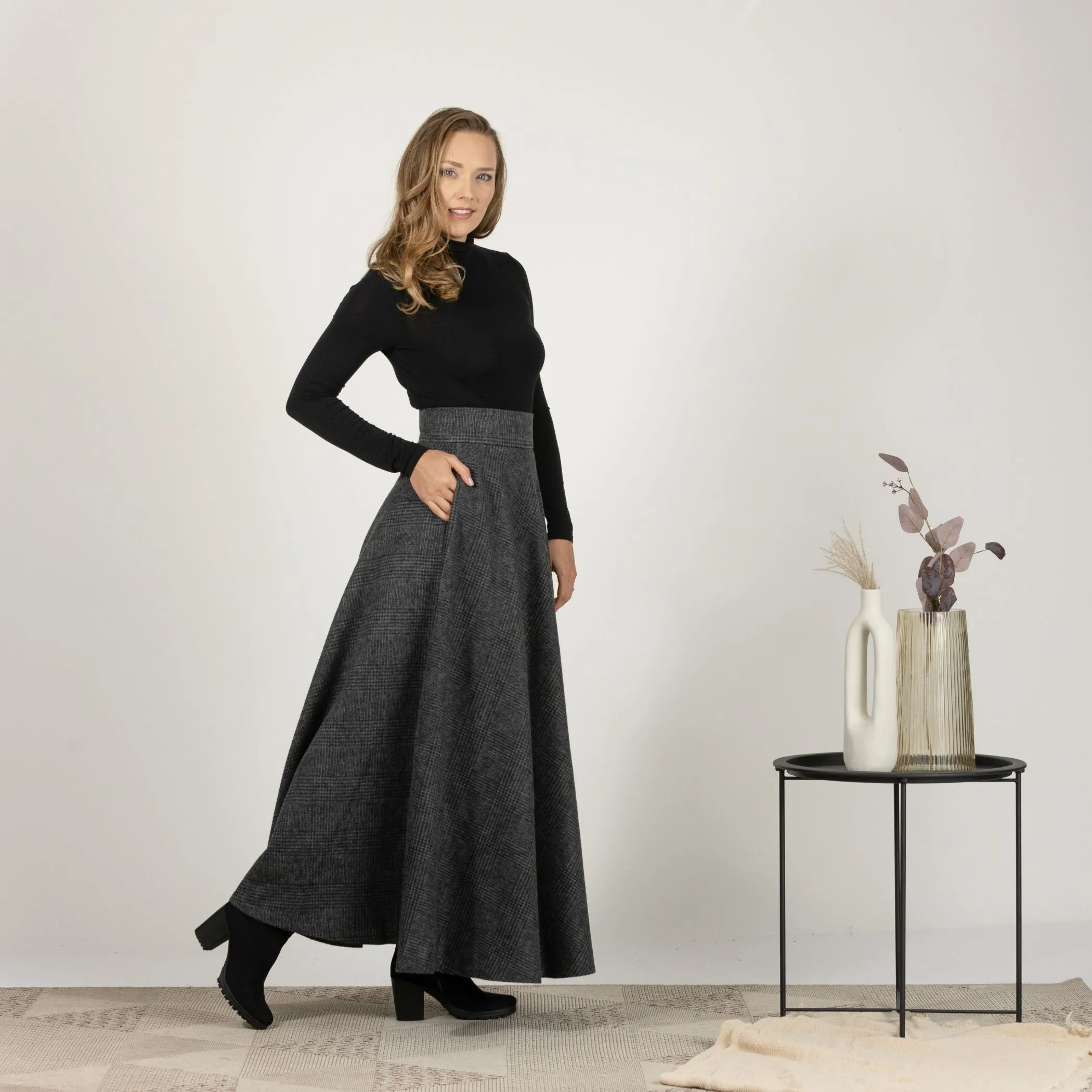 Dark Gray High Waisted Wool Maxi Skirt