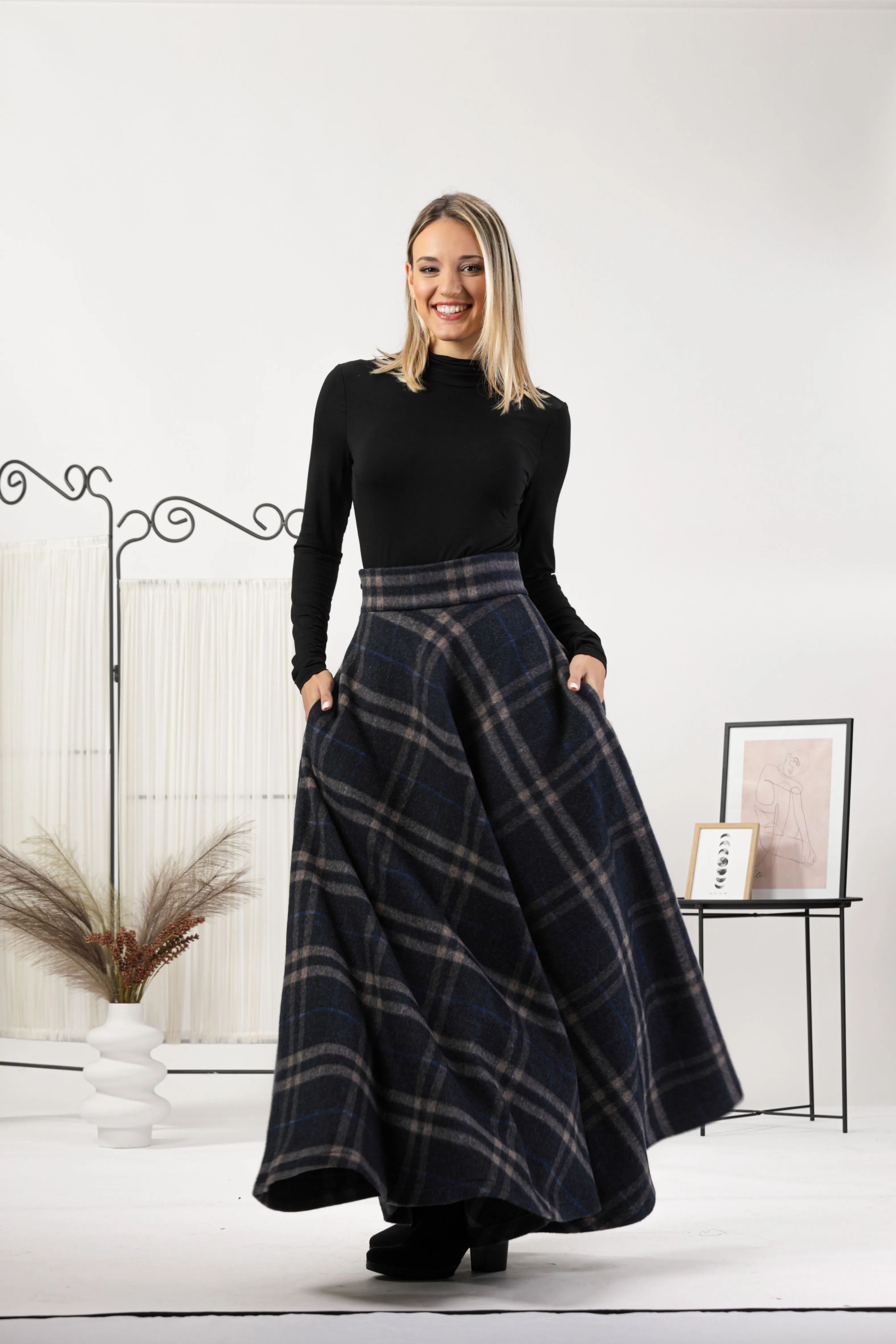 Dark Gray High Waisted Wool Maxi Skirt