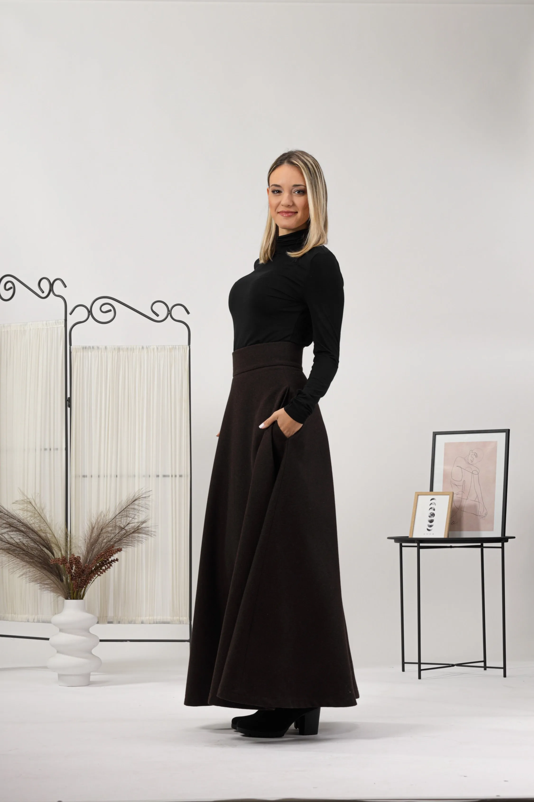 Dark Gray High Waisted Wool Maxi Skirt