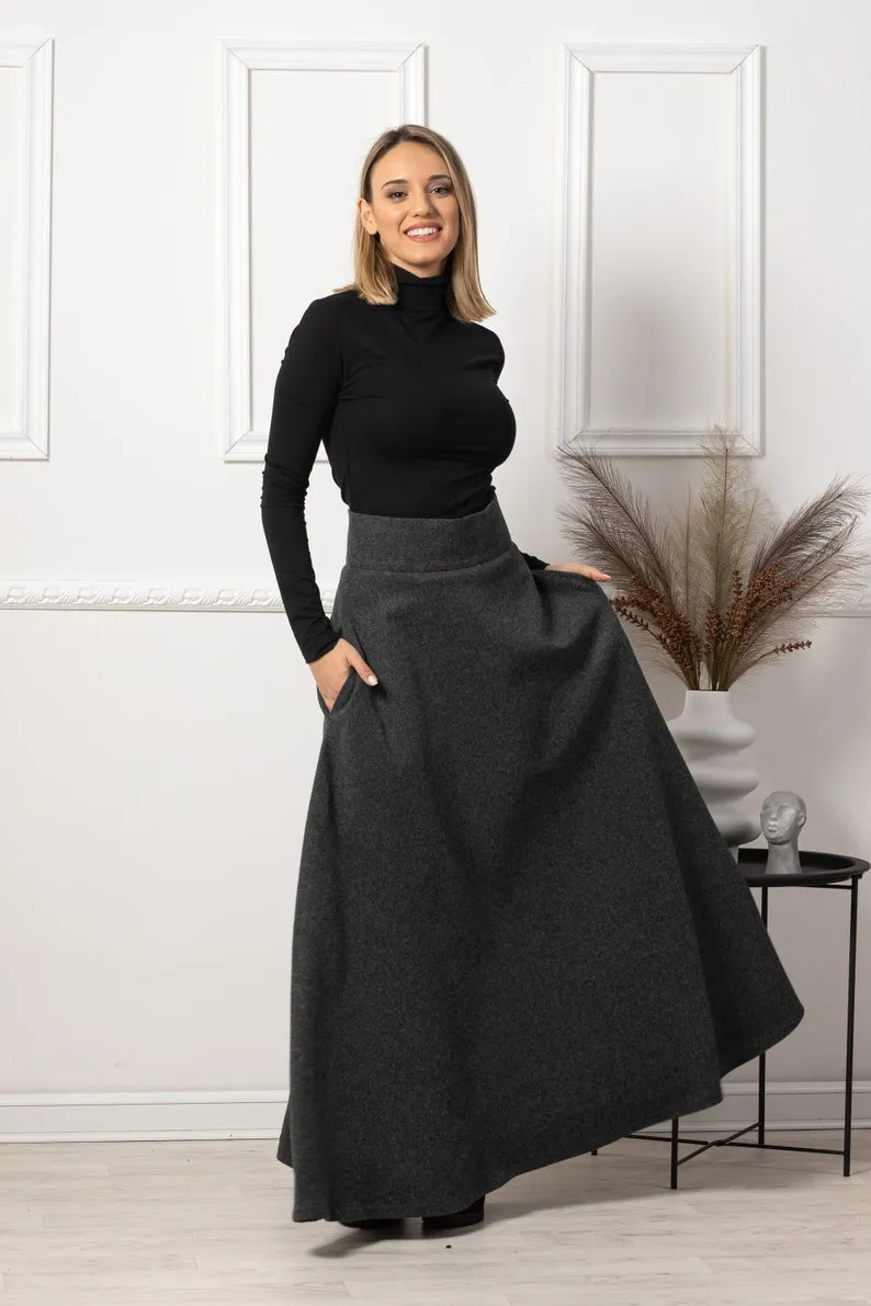 Dark Gray High Waisted Wool Maxi Skirt