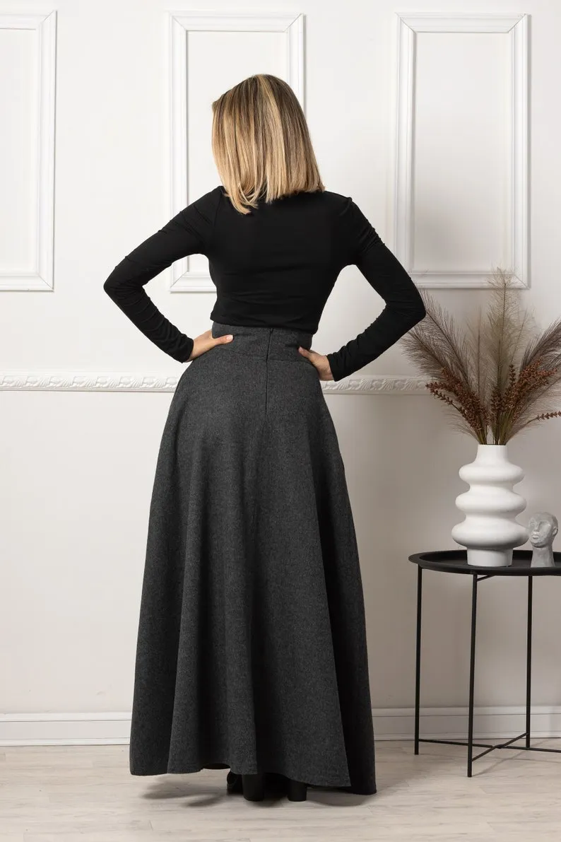 Dark Gray High Waisted Wool Maxi Skirt