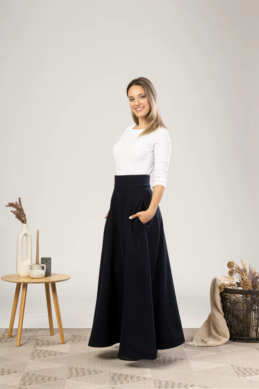 Dark Gray High Waisted Wool Maxi Skirt