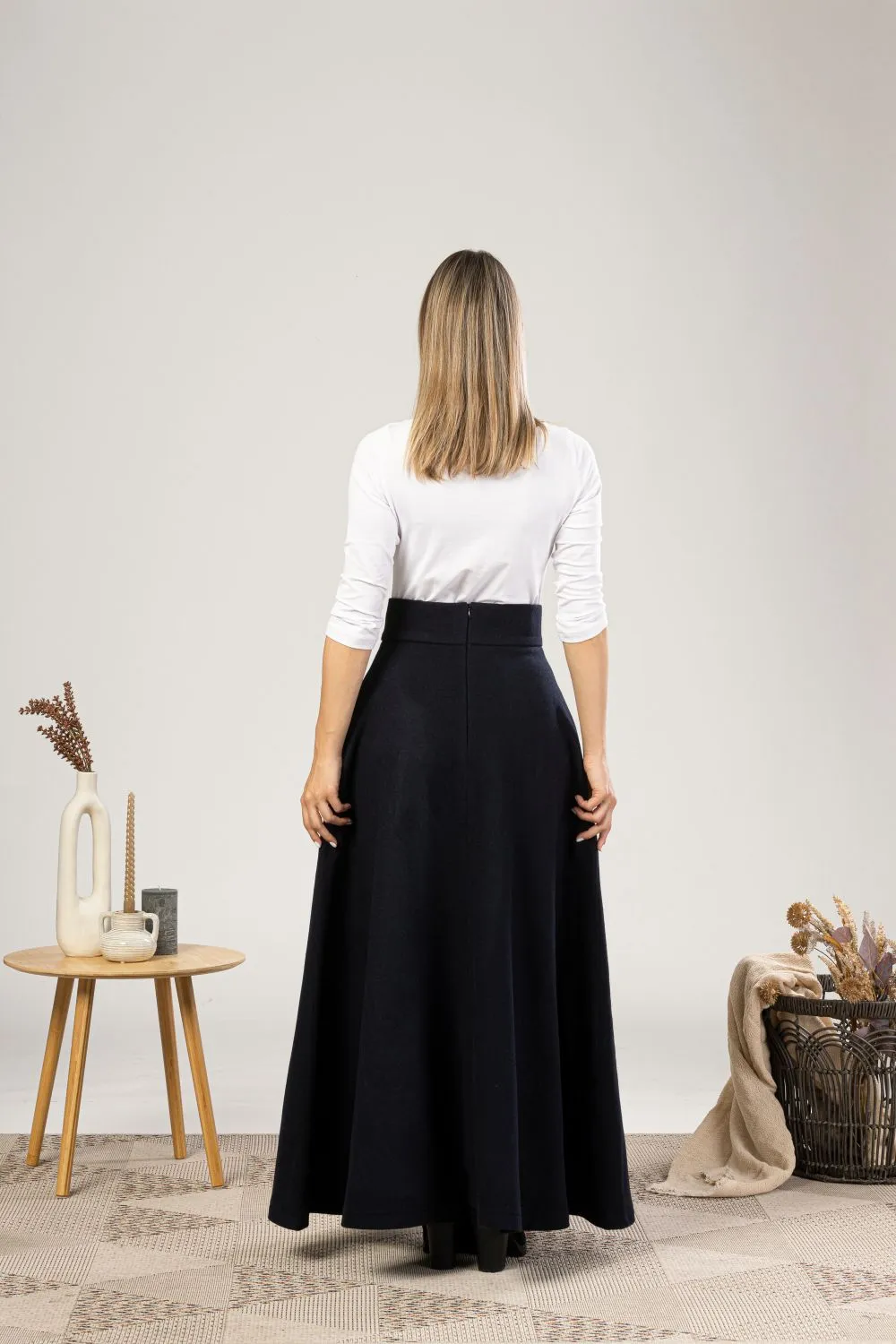 Dark Gray High Waisted Wool Maxi Skirt