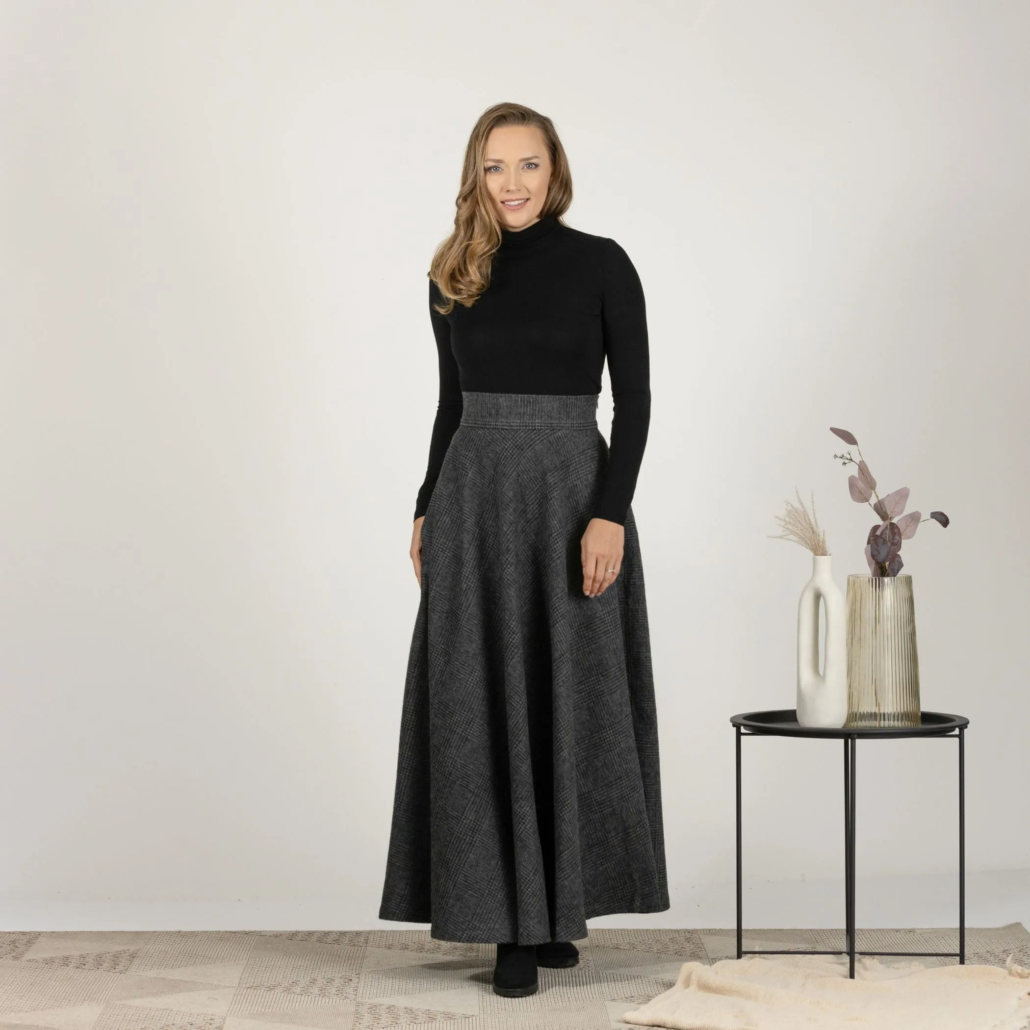 Dark Gray High Waisted Wool Maxi Skirt