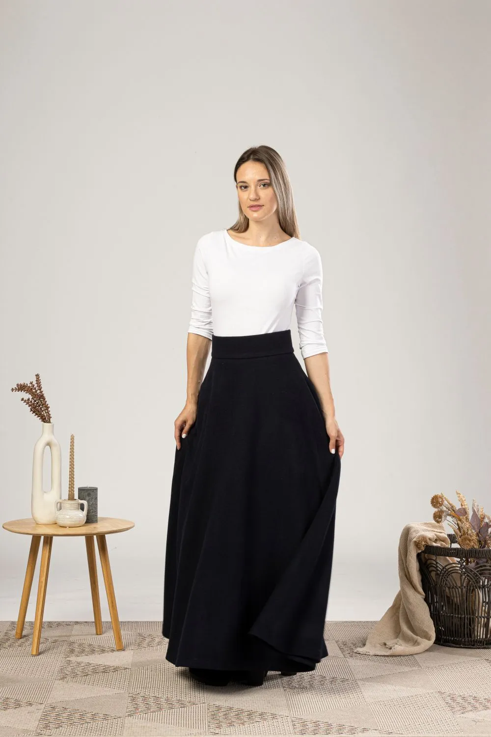 Dark Gray High Waisted Wool Maxi Skirt