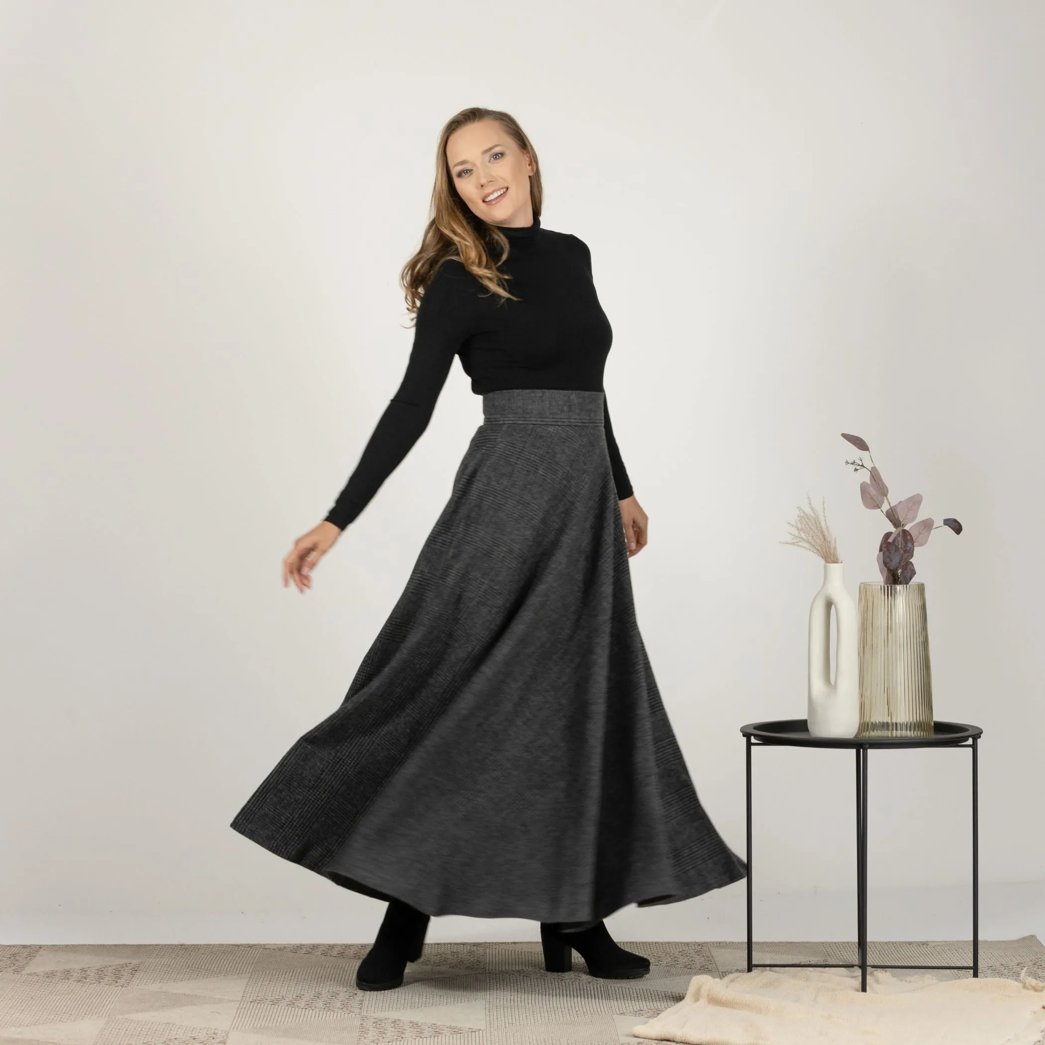 Dark Gray High Waisted Wool Maxi Skirt