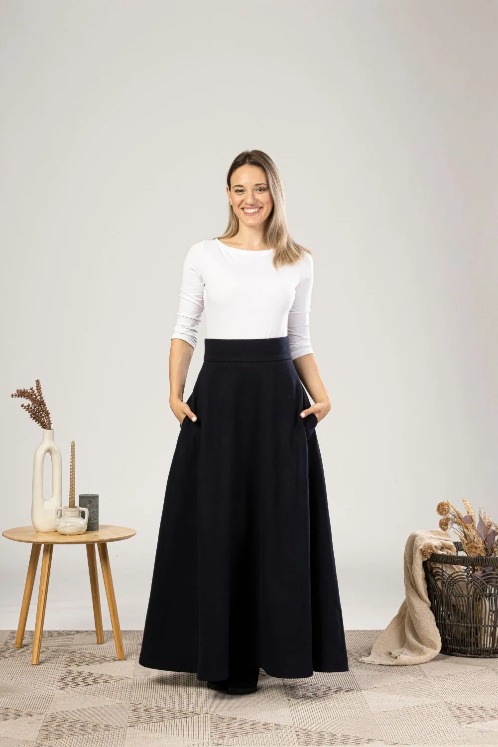 Dark Gray High Waisted Wool Maxi Skirt