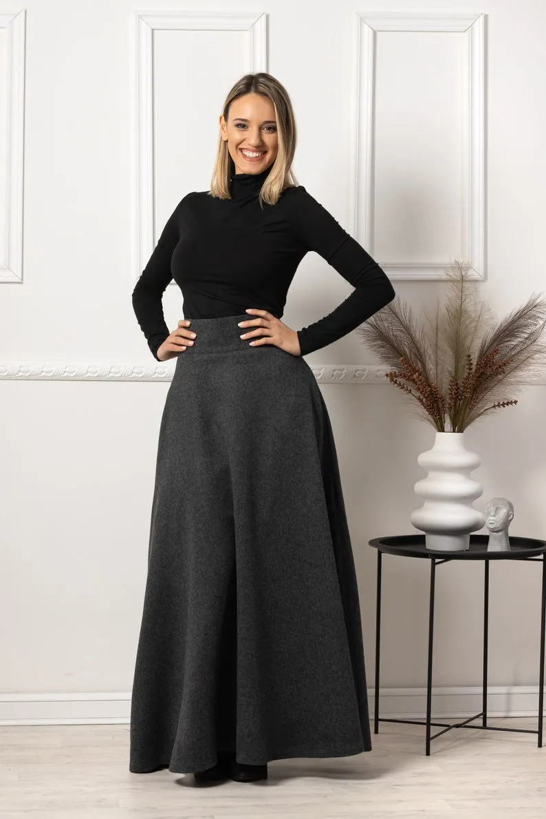 Dark Gray High Waisted Wool Maxi Skirt