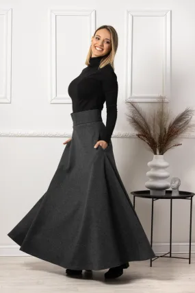 Dark Gray High Waisted Wool Maxi Skirt