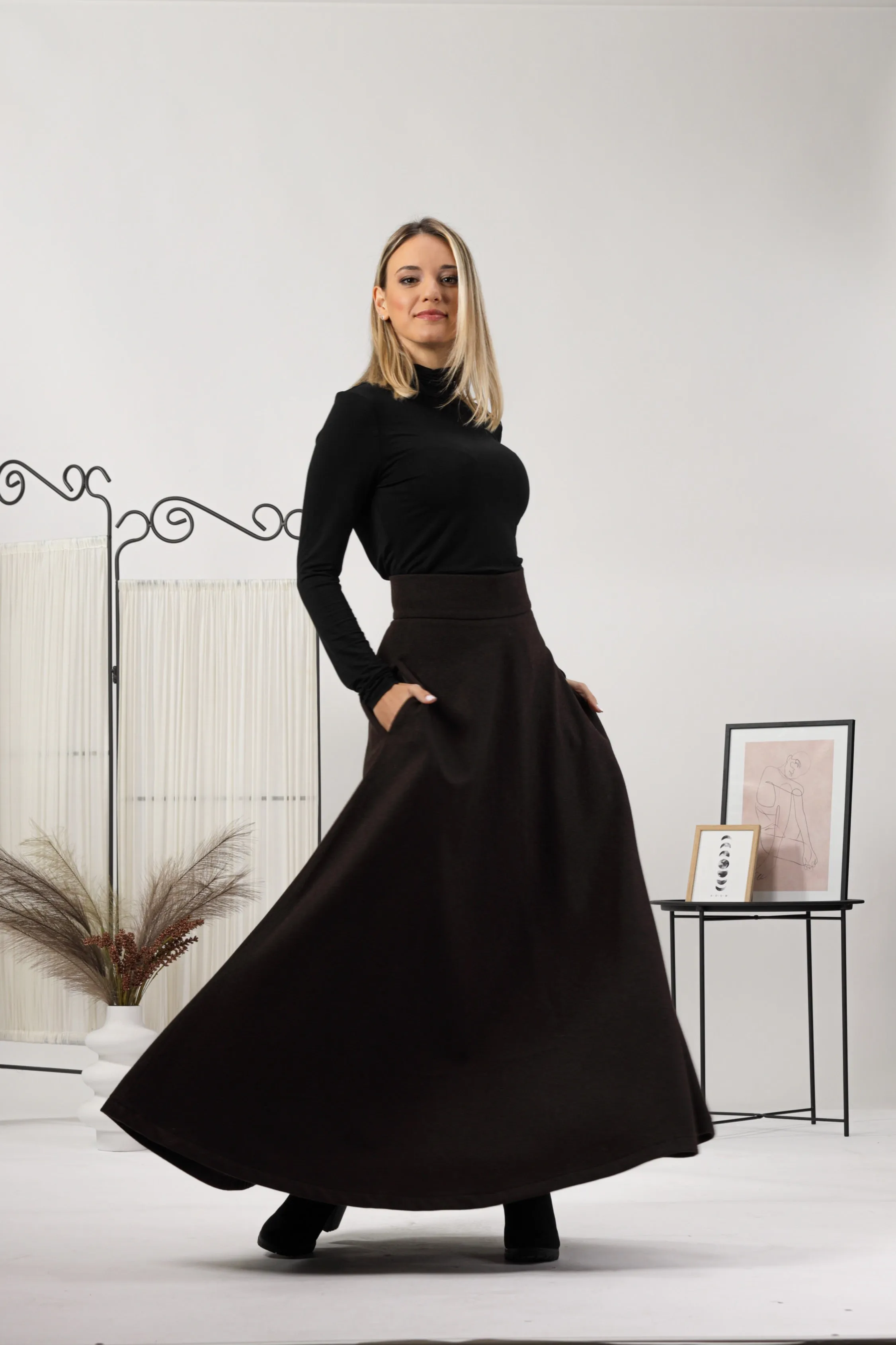 Dark Gray High Waisted Wool Maxi Skirt