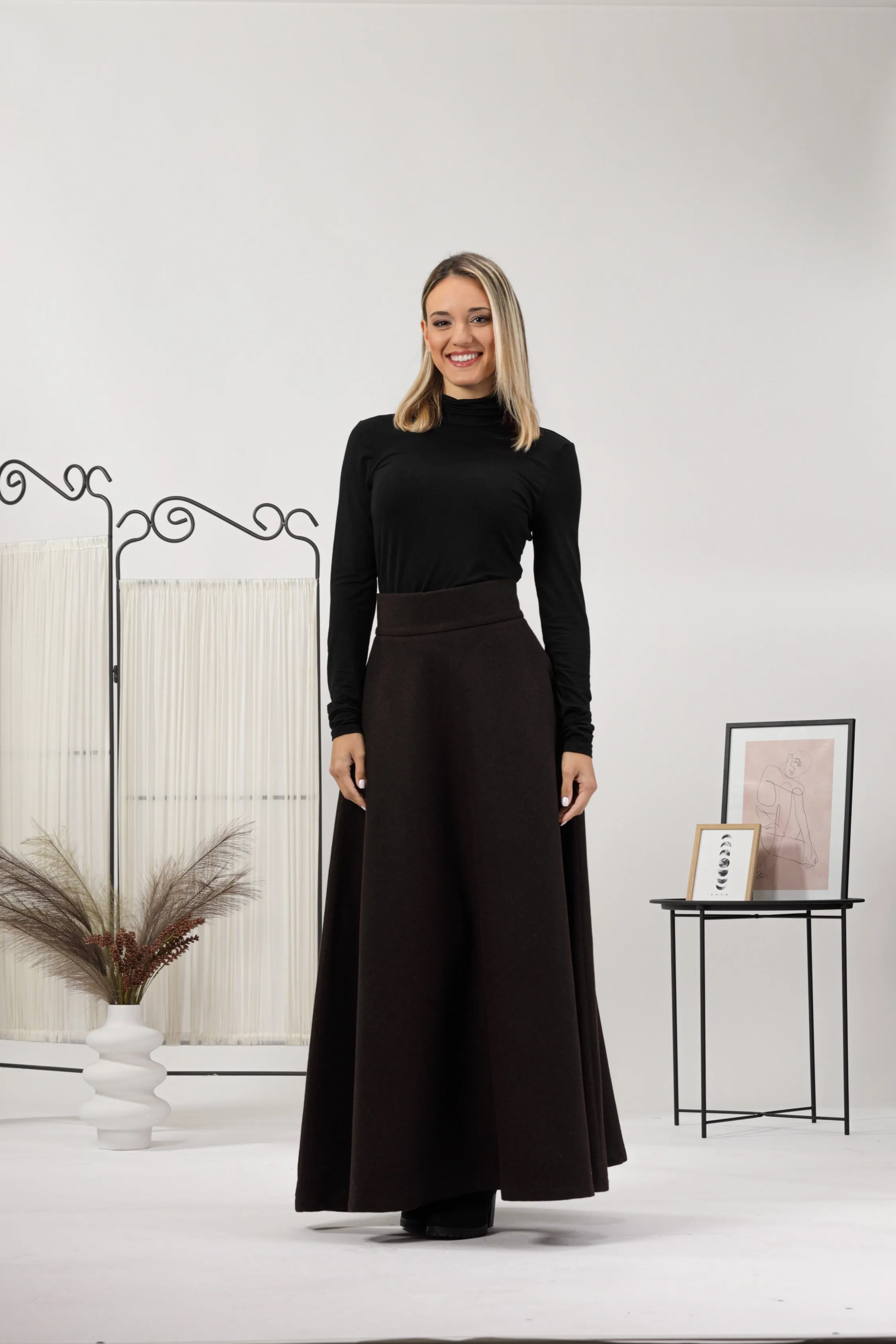 Dark Gray High Waisted Wool Maxi Skirt