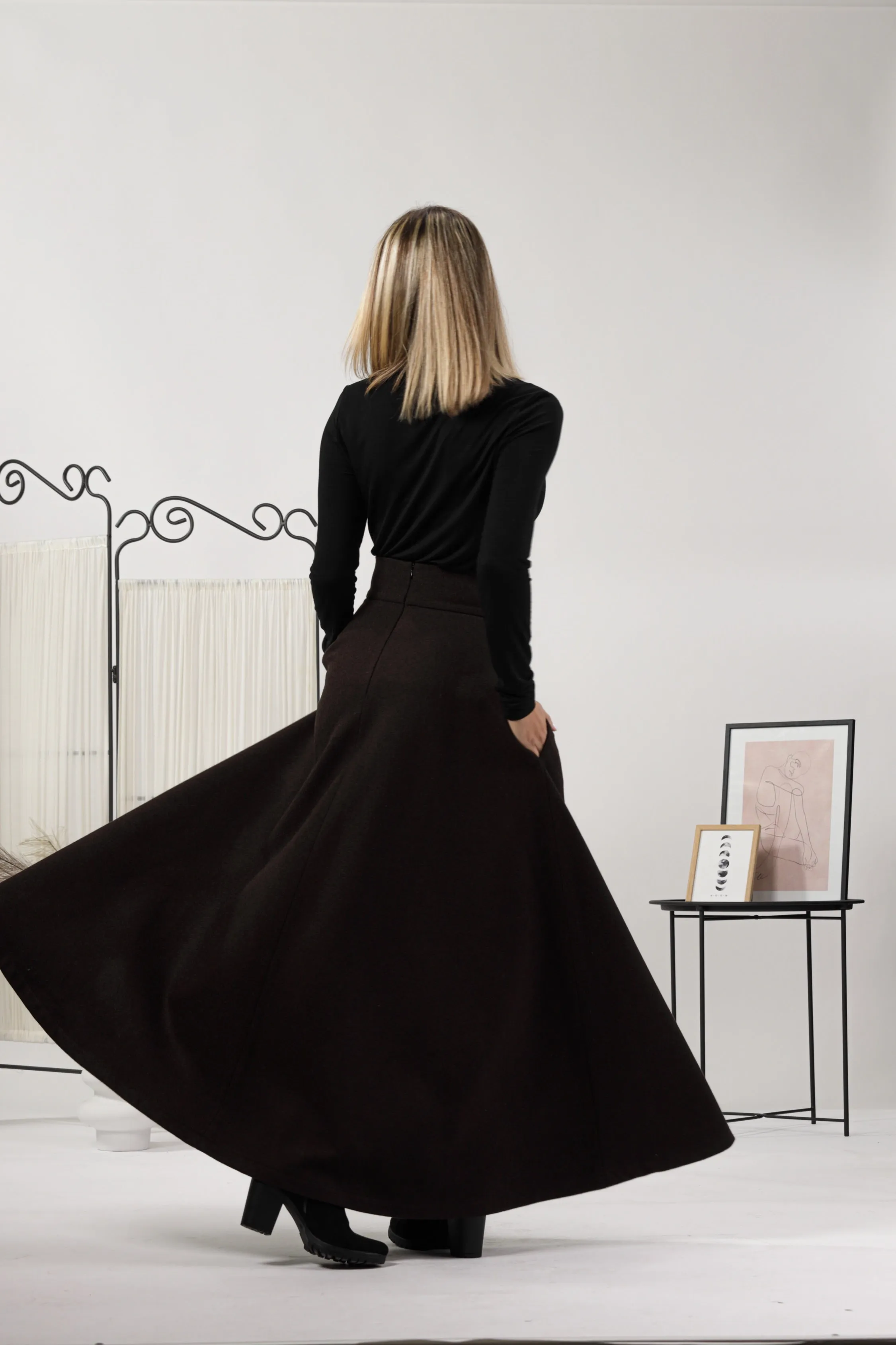 Dark Gray High Waisted Wool Maxi Skirt