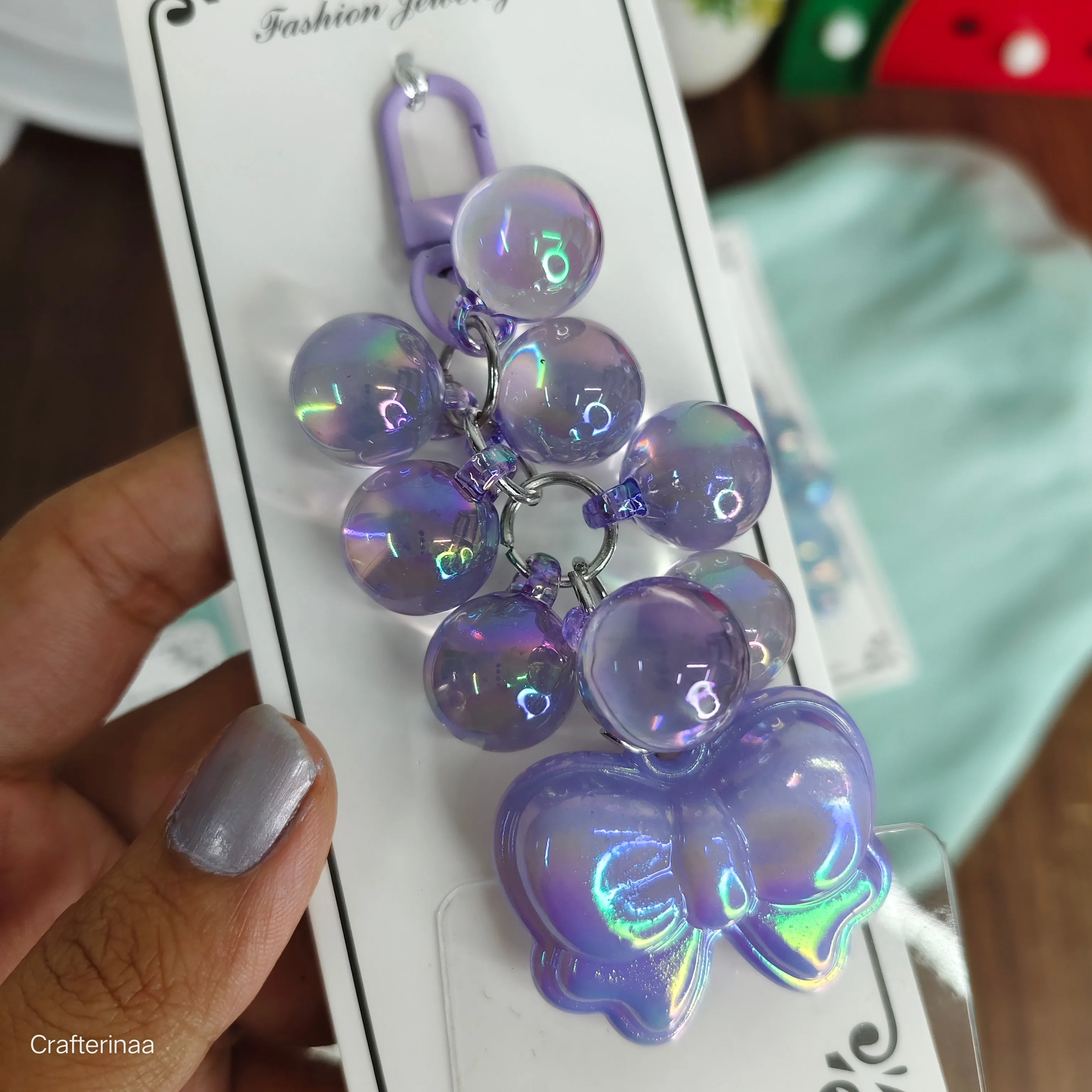Holographic pearls with bow charm | holographic keychain