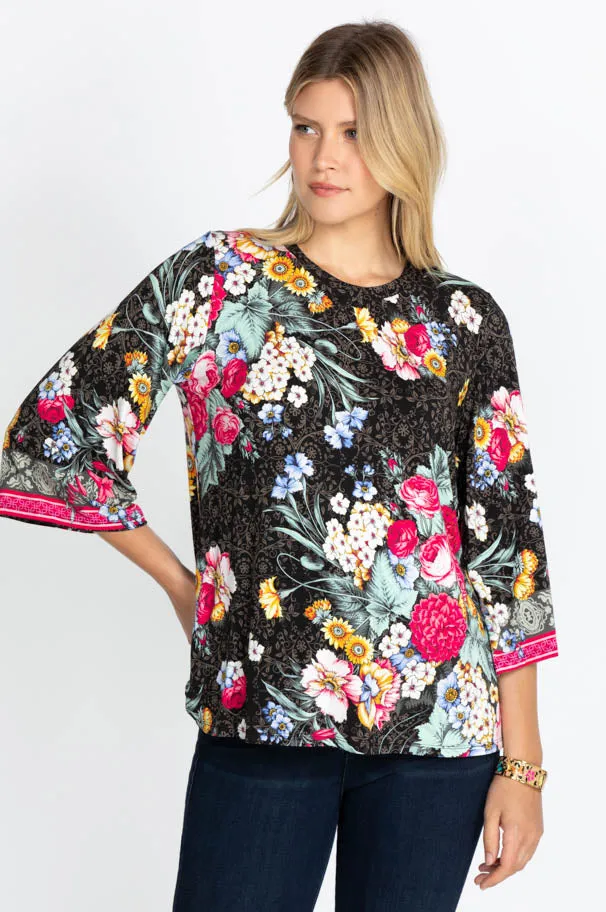 Johnny Was ONYX Crew Neck Floral Flower Sistine Tee Shirt Top Black X Large NEW