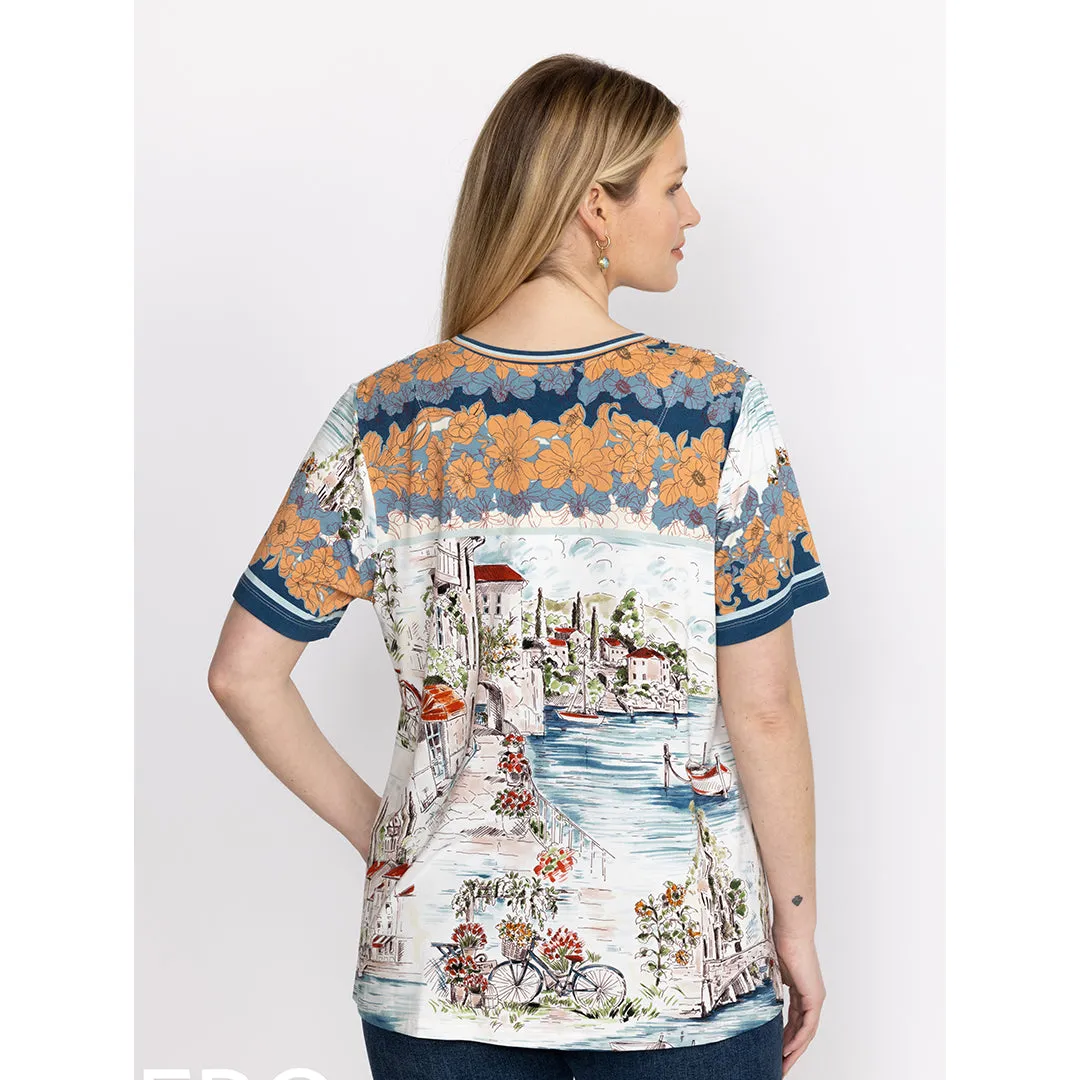 Johnny Was Vakash Janie Favorite Short Sleeve Swing Tee Shirt Top White Blue New