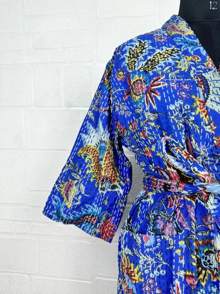 Kantha Pure Cotton Reversible Long Kimono Women Jacket Floral Print Blue Red