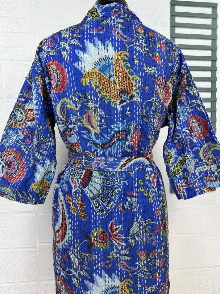 Kantha Pure Cotton Reversible Long Kimono Women Jacket Floral Print Blue Red