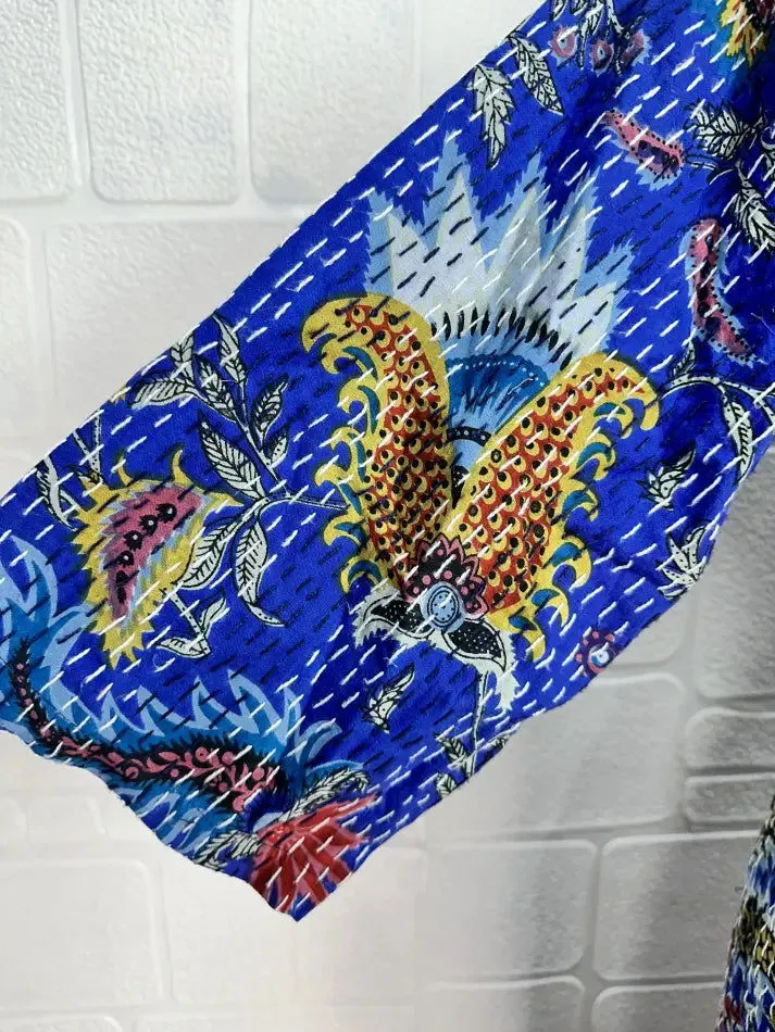 Kantha Pure Cotton Reversible Long Kimono Women Jacket Floral Print Blue Red