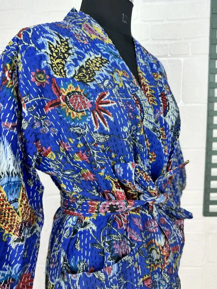 Kantha Pure Cotton Reversible Long Kimono Women Jacket Floral Print Blue Red