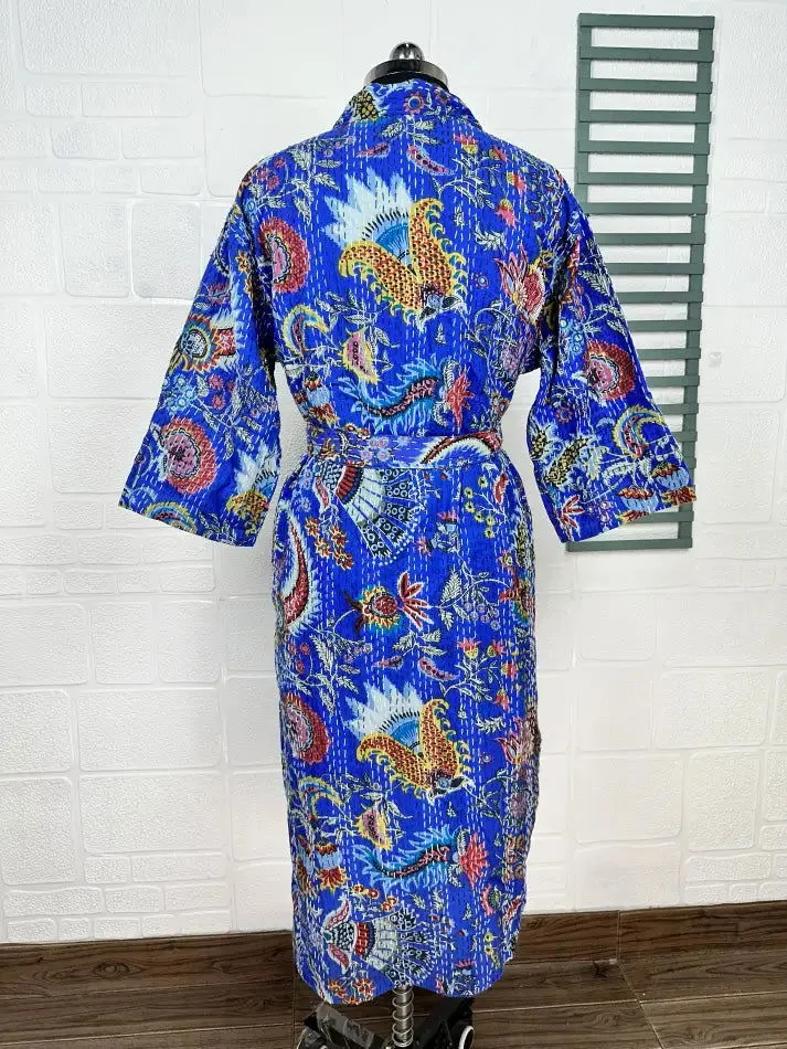 Kantha Pure Cotton Reversible Long Kimono Women Jacket Floral Print Blue Red