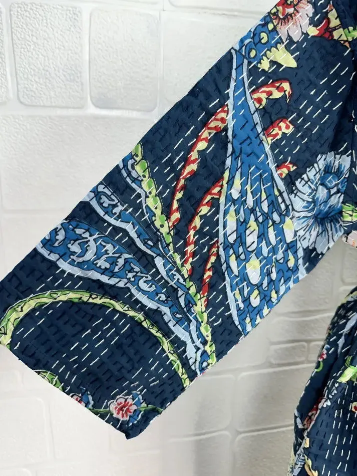 Kantha Pure Cotton Reversible Short Kimono Women Jacket Bird Print Blue Green