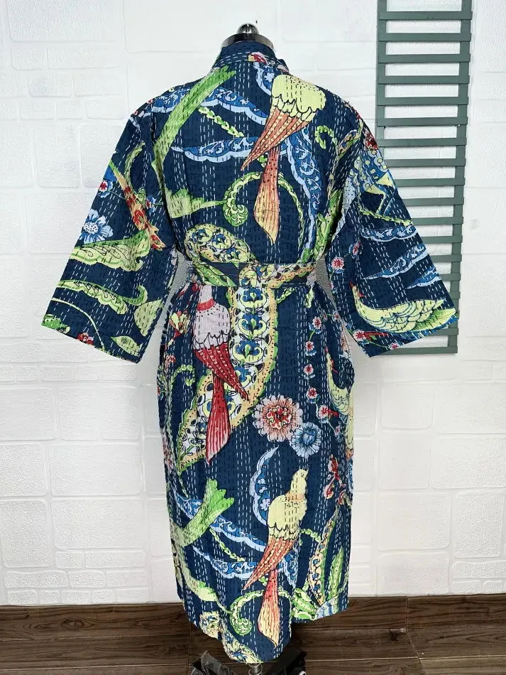 Kantha Pure Cotton Reversible Short Kimono Women Jacket Bird Print Blue Green