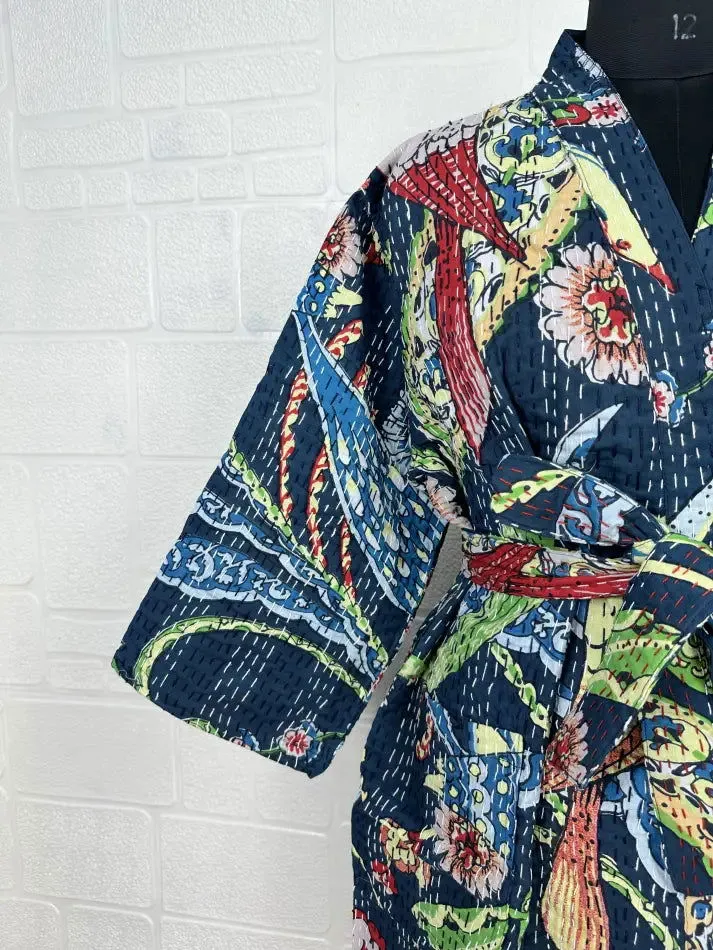 Kantha Pure Cotton Reversible Short Kimono Women Jacket Bird Print Blue Green