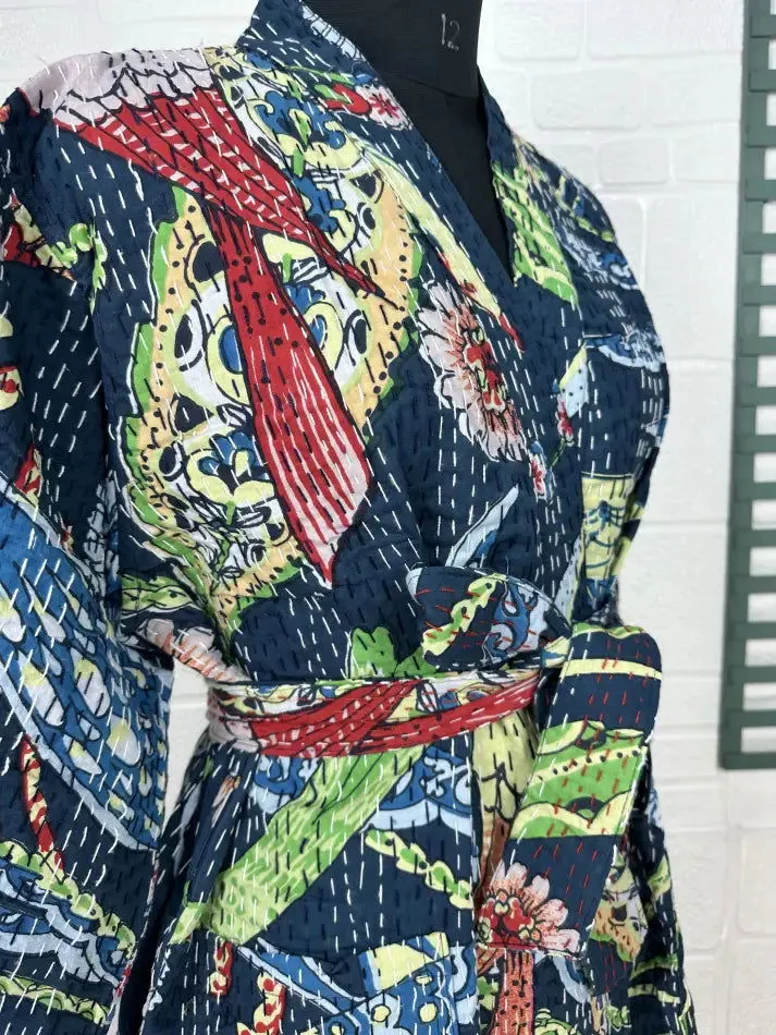 Kantha Pure Cotton Reversible Short Kimono Women Jacket Bird Print Blue Green