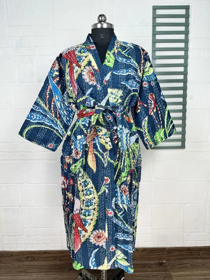 Kantha Pure Cotton Reversible Short Kimono Women Jacket Bird Print Blue Green