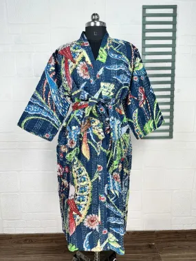 Kantha Pure Cotton Reversible Short Kimono Women Jacket Bird Print Blue Green