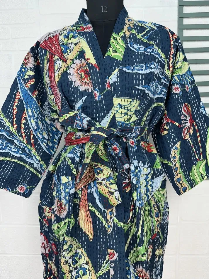 Kantha Pure Cotton Reversible Short Kimono Women Jacket Bird Print Blue Green