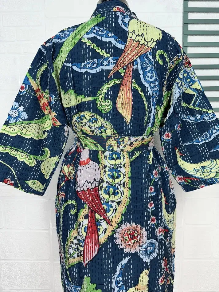 Kantha Pure Cotton Reversible Short Kimono Women Jacket Bird Print Blue Green