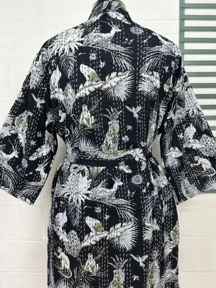 Kantha Pure Cotton Reversible Short Kimono Women Jacket Jungle Print Black White