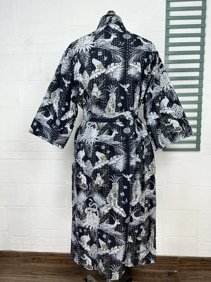 Kantha Pure Cotton Reversible Short Kimono Women Jacket Jungle Print Black White