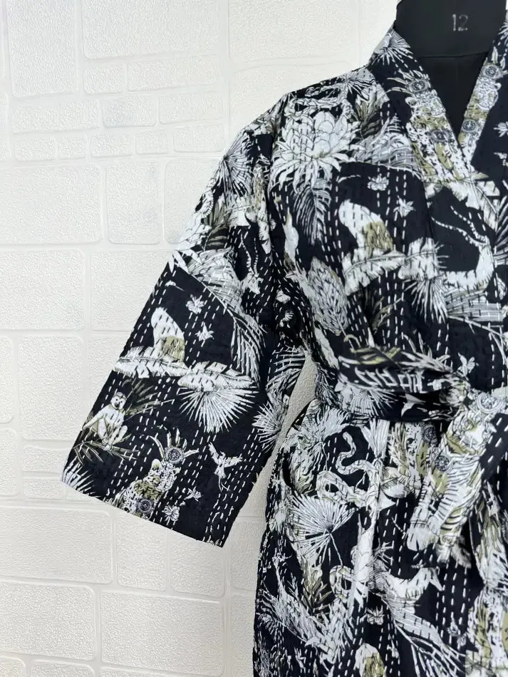 Kantha Pure Cotton Reversible Short Kimono Women Jacket Jungle Print Black White