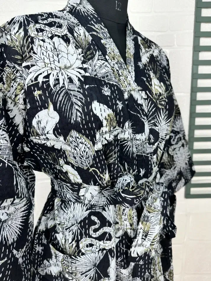 Kantha Pure Cotton Reversible Short Kimono Women Jacket Jungle Print Black White