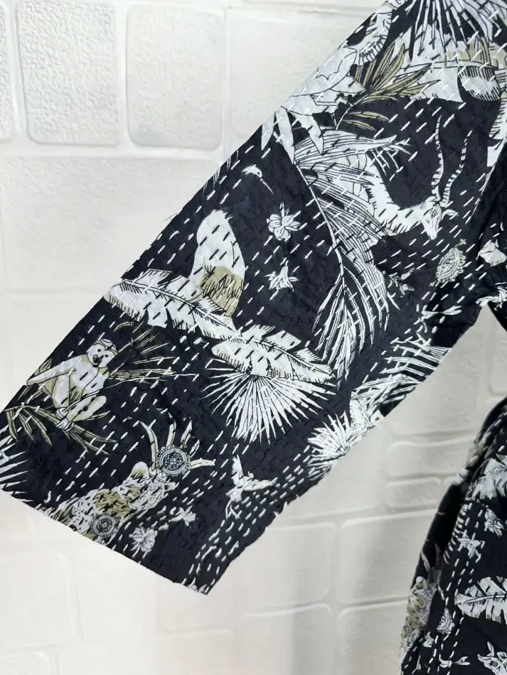 Kantha Pure Cotton Reversible Short Kimono Women Jacket Jungle Print Black White
