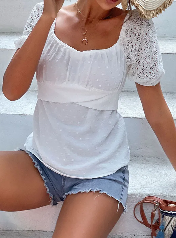 Lace Chiffon Square Collar Short Sleeve Shirt