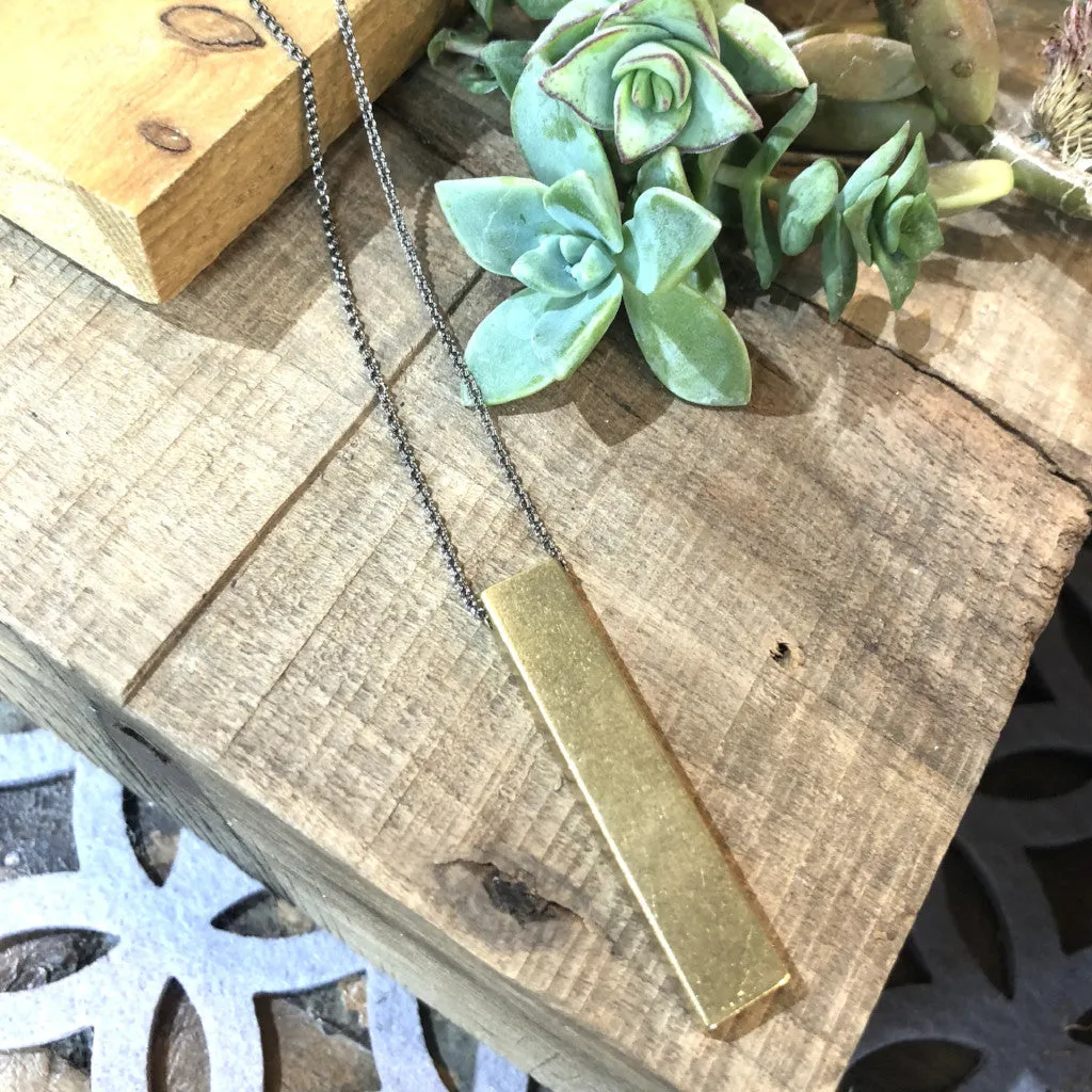 Long Rectangle Brass Pendant Necklace