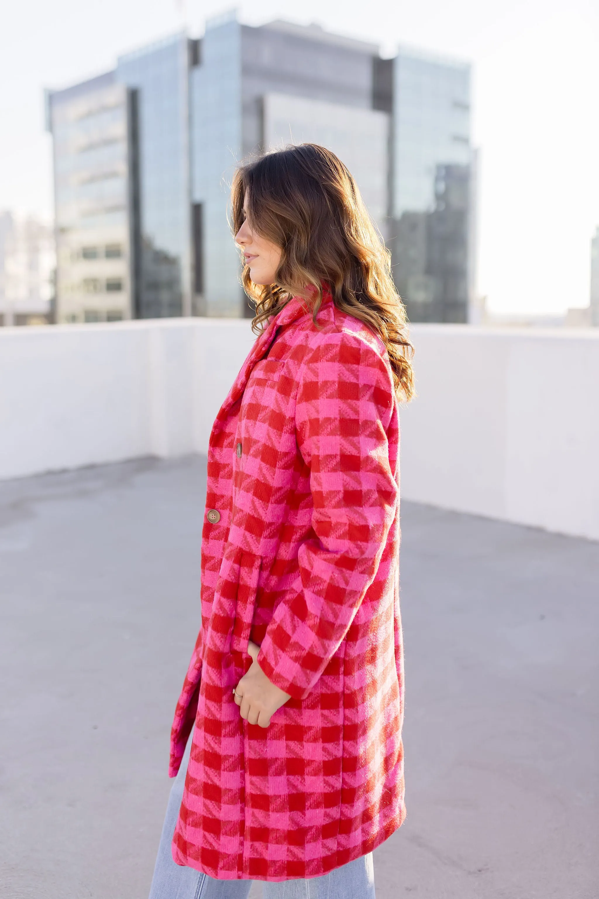 Madison Long Sleeve Houndstooth Print Tweed Coat Pink